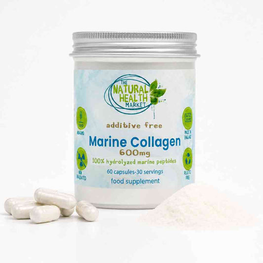 An aluminium tin of Marine Collagen 600mg dietary supplement by The Natural Health Market, shown with several white capsules and a small pile of white powder on a clean white background.