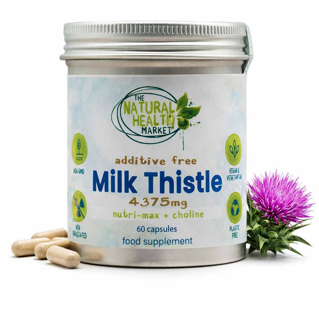 Milk Thistle supplement container with capsules and a milk thistle flower on a white background