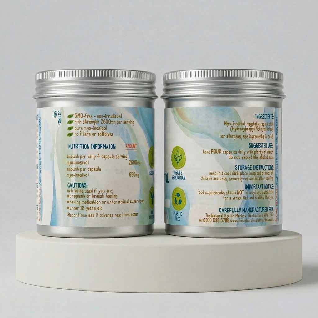 Myo-Inositol Capsules 650mg product infromation with labels on a gray background