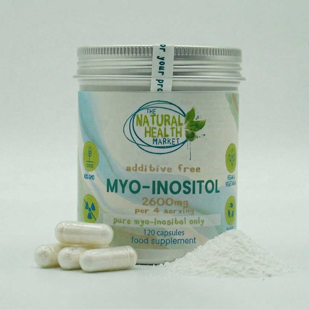 MYO-INOSITOL CAPSULES 650mg on a light gray background by The Natural Health Market.