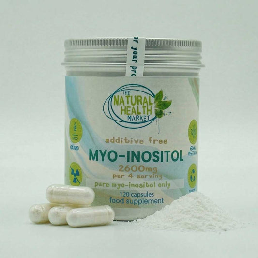 MYO-INOSITOL CAPSULES 650mg on a light gray background by The Natural Health Market.