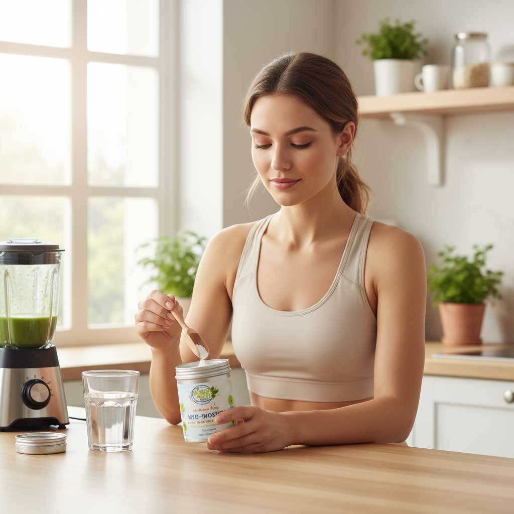 Woman in a kitchen eating Inositol a container with a blender and water glasses in the background.