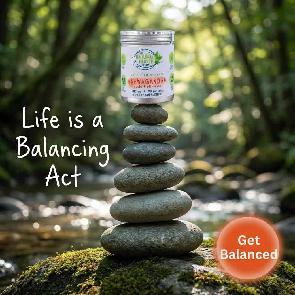 Achamandha product on stones with 'Life is a Balancing Act' text and 'Get Balanced' badge in a natural setting.