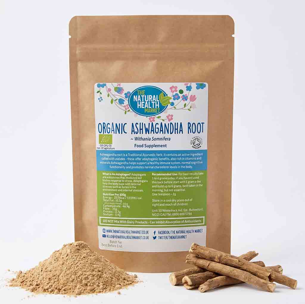 Organic Ashwagandha Root package with powder and roots on a white background