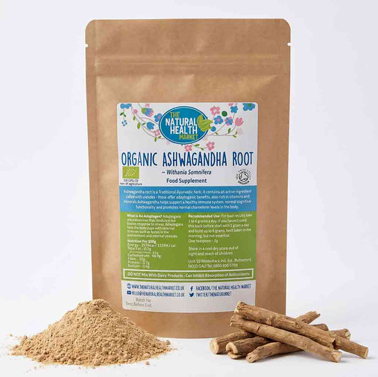 Organic Ashwagandha Root package with powder and roots on a white background