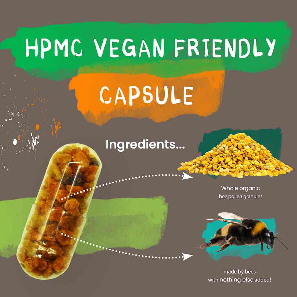 Vegan-friendly HPMC capsule with ingredients including whole organic bee pollen granules and a bee illustration.