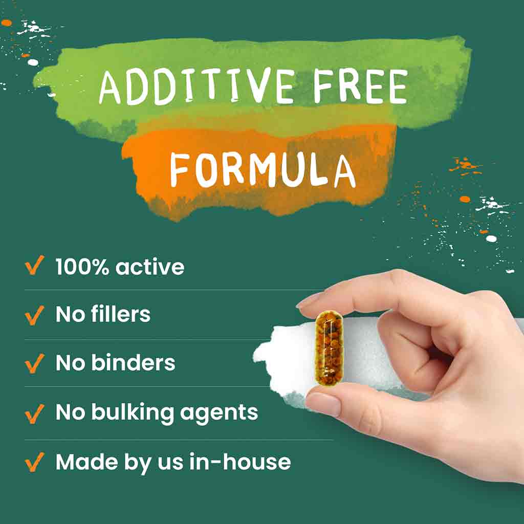 Product packaging with 'Additive Free Formula' text and a hand holding the product against a green background.