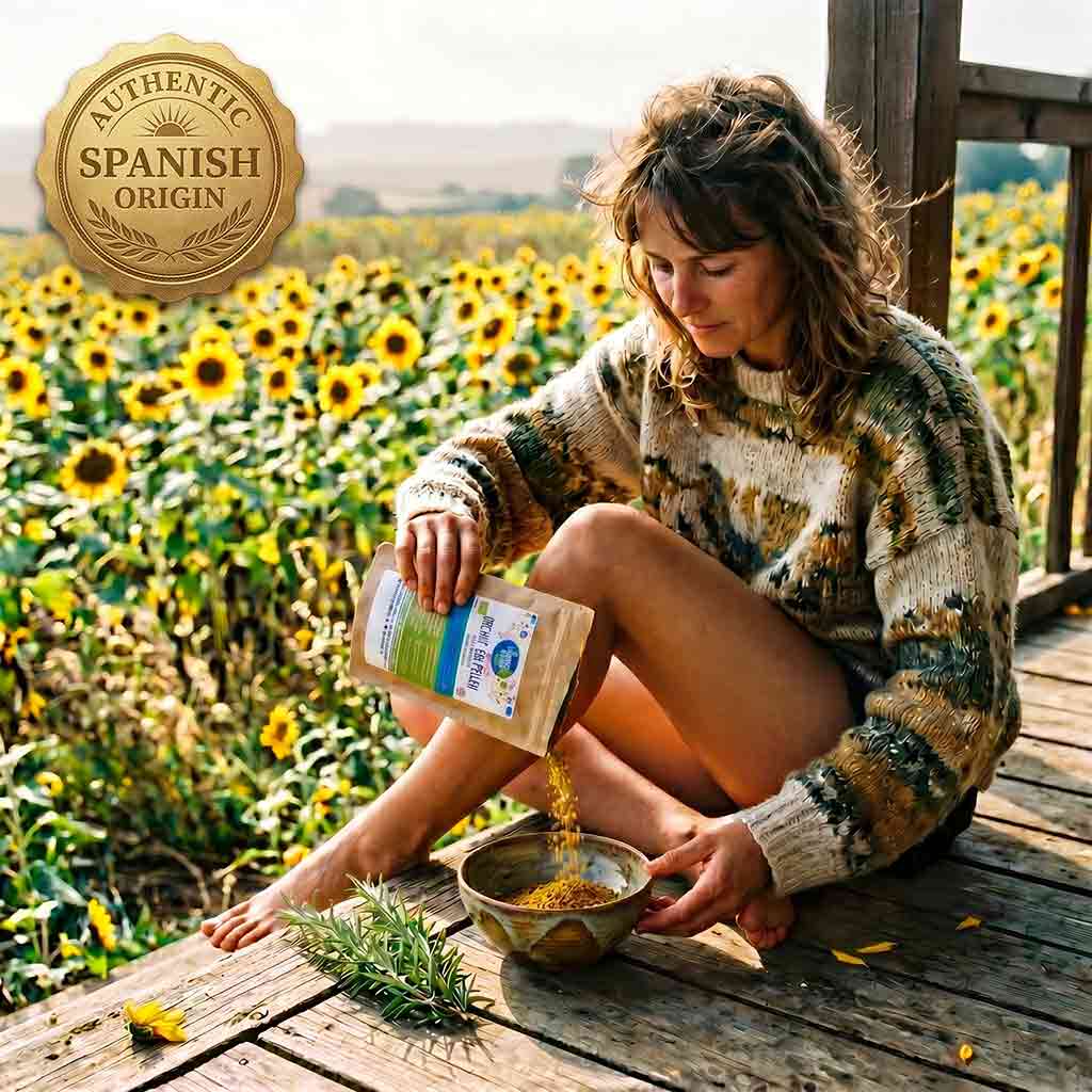A woman sits barefoot on a wooden deck in a sunflower field, pouring grain from a paper bag into a small bowl. A gold seal reading 'Authentic Spanish Origin' appears in the top-left corner.