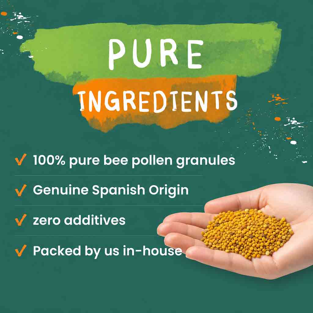Promotional graphic for pure bee pollen granules with text reading 'PURE INGREDIENTS,' bullet points about 100% pure bee pollen granules, Spanish origin, zero additives, and in-house packing, plus a hand holding a small pile of golden-yellow pollen granules on a dark teal background.