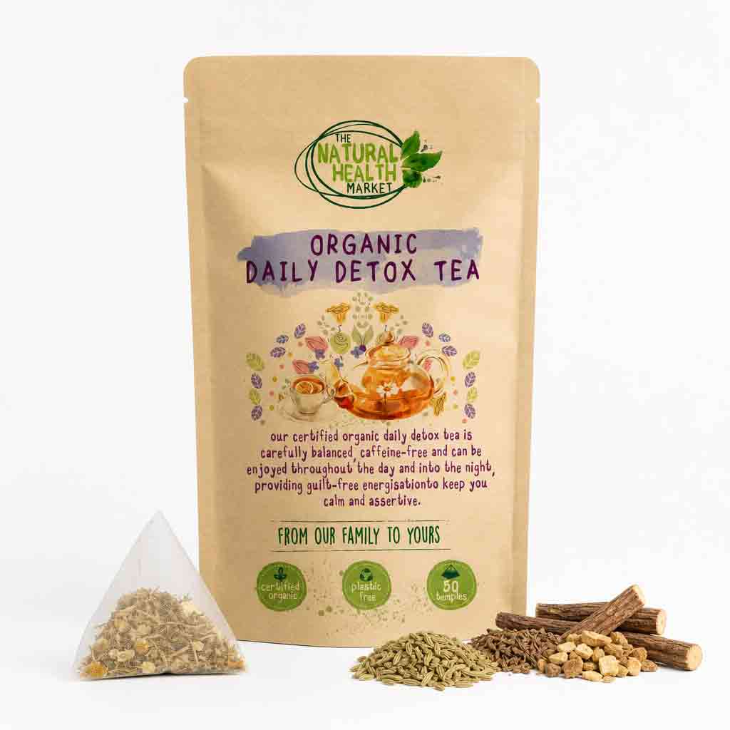 Organic daily detox tea package with ingredients on a white background