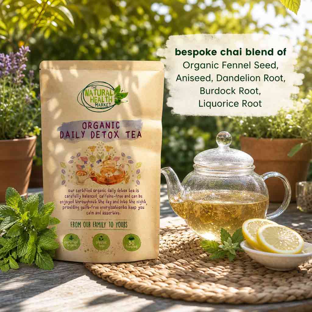 Organic daily detox tea package with a teapot and lemon slices on a table outdoors.
