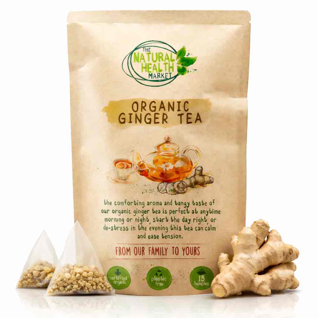Bag of Organic Ginger Tea from The Natural Health Market with ginger root and tea bags on a white background