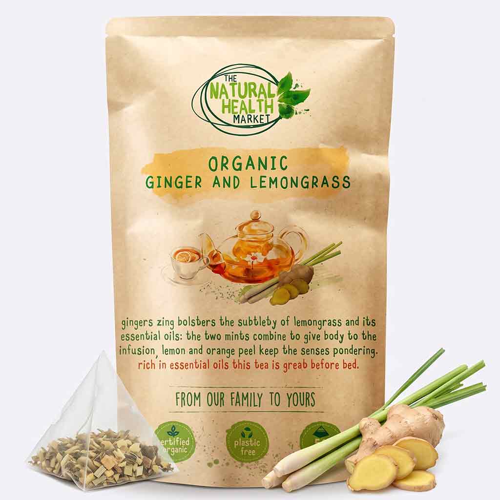 Bag of Organic Ginger and Lemongrass from The Natural Health Market with tea packaging and ingredients.