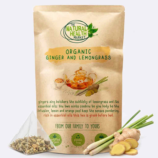 Bag of Organic Ginger and Lemongrass from The Natural Health Market with tea packaging and ingredients.