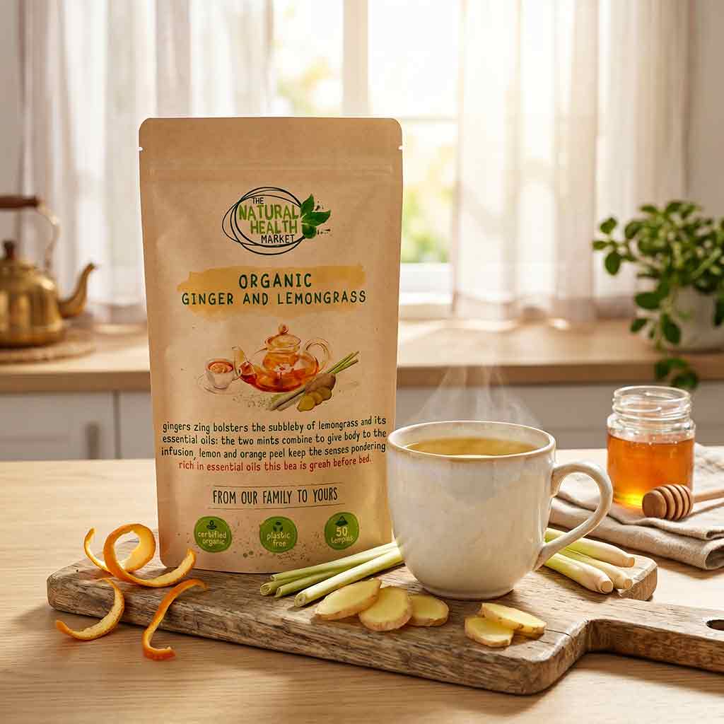Tea package labeled 'Natural Health Market' with a steaming cup of tea on a wooden board.