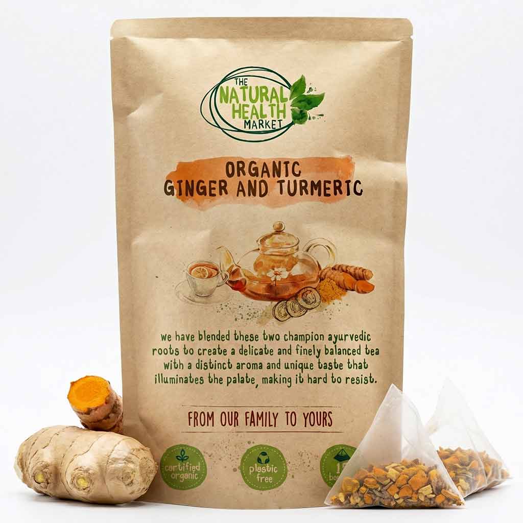 Bag of organic ginger and turmeric from The Natural Health Market on a white background