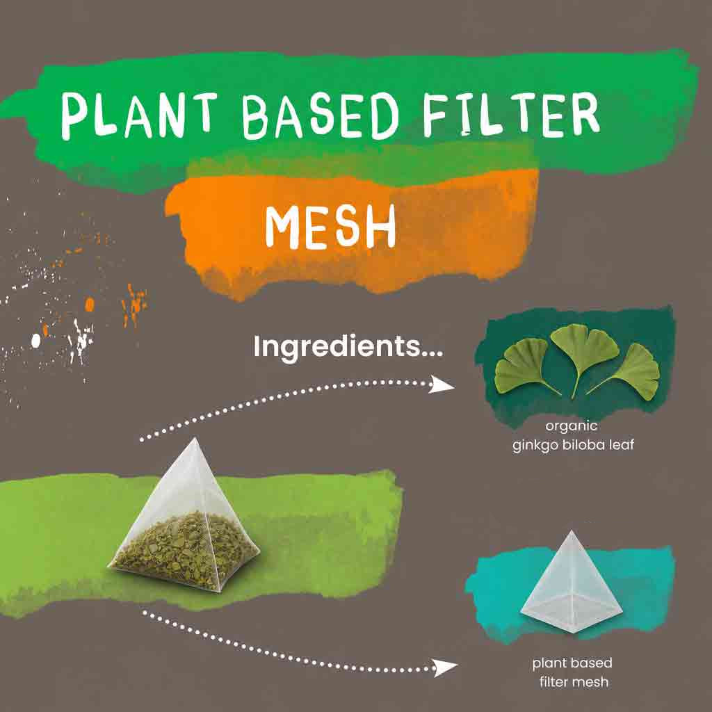 Diagram of plant-based filter mesh with ingredients on a dark background