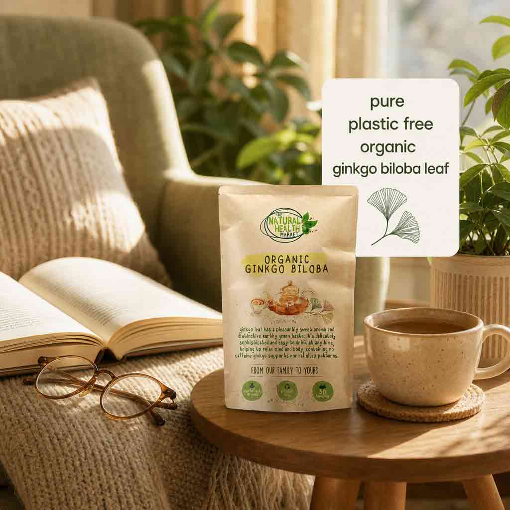 Bag of Organic Ginkgo Biloba on a table with a cup of tea and an open book in a cozy setting.