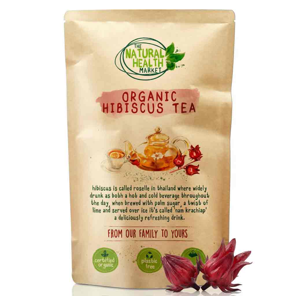 Organic hibiscus tea package from The Natural Health Market on a white background