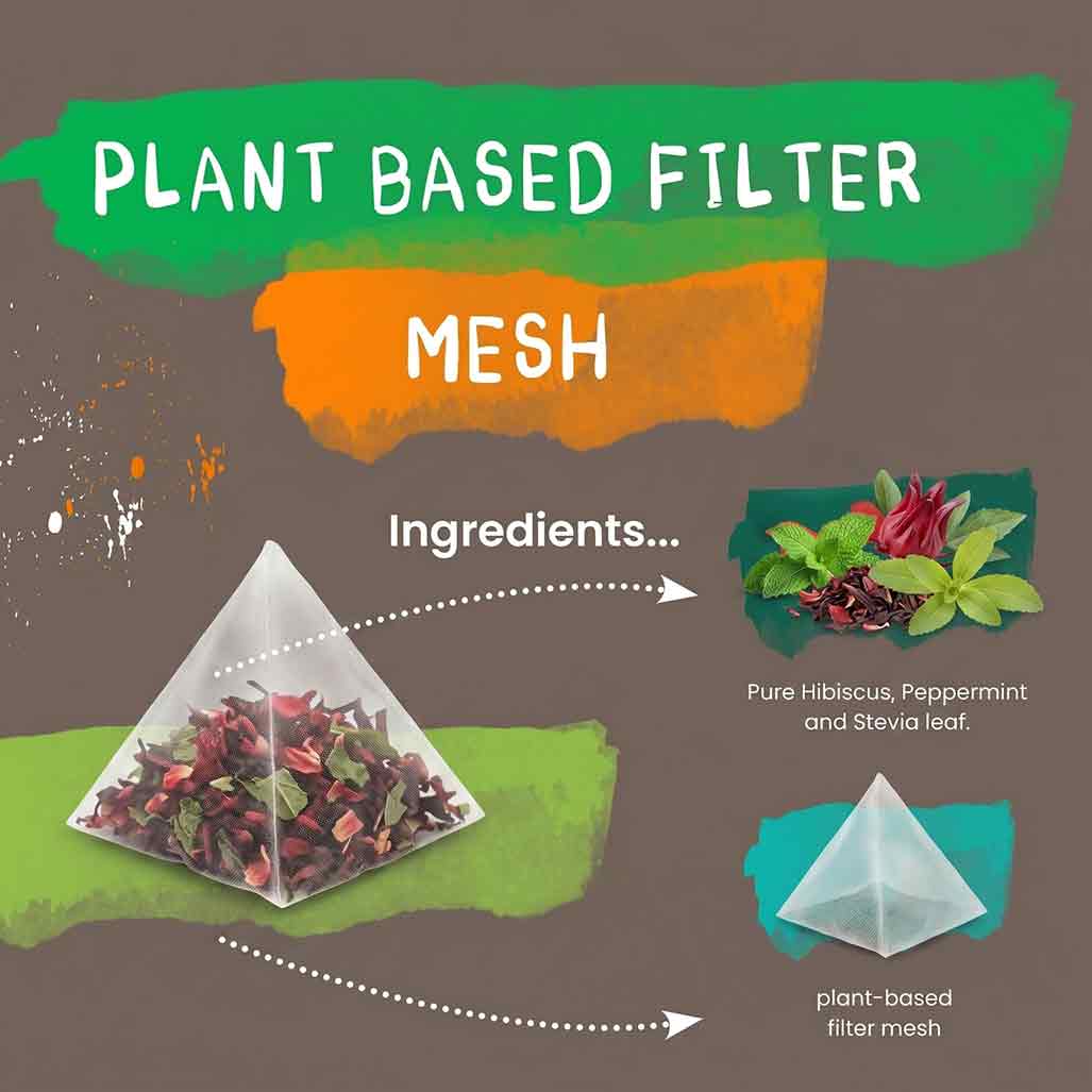 Illustration of plant-based filter mesh with ingredients hibiscus, peppermint, and stevia leaf.