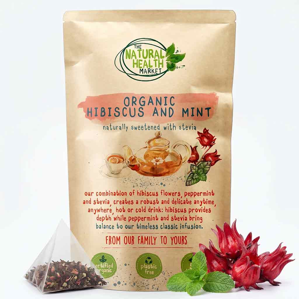 Tea package from The Natural Health Market with organic hibiscus and mint on a white background