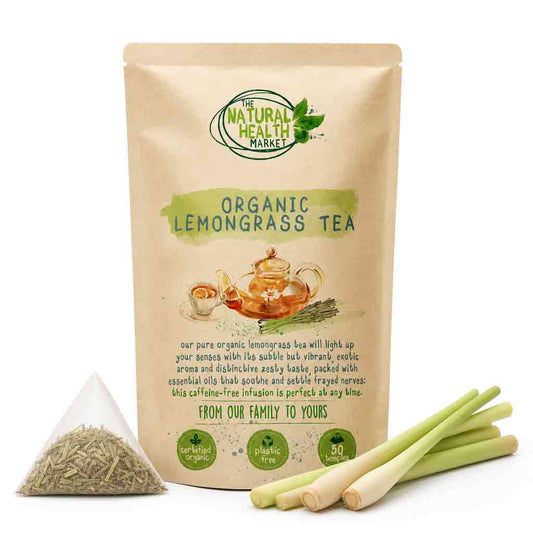 Organic lemongrass tea package with lemongrass stalks on a white background