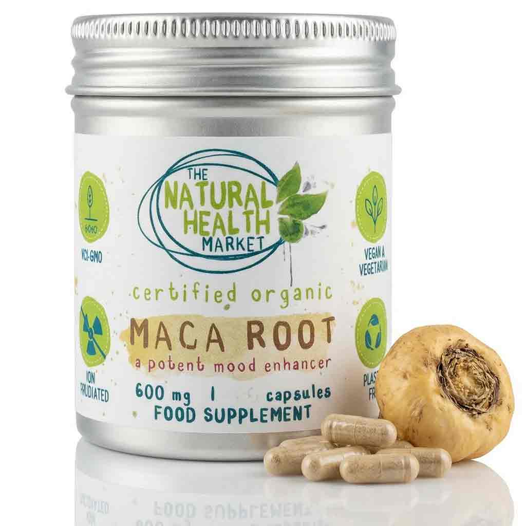 Organic Maca Root Capsules tin on a white background with whole maca root and capsules.