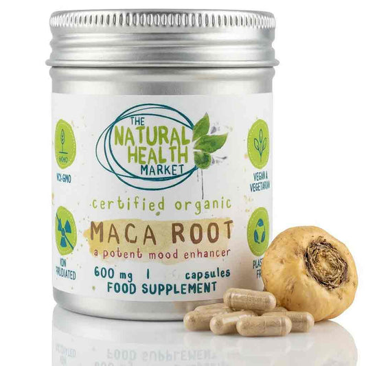 Organic Maca Root Capsules tin on a white background with whole maca root and capsules.