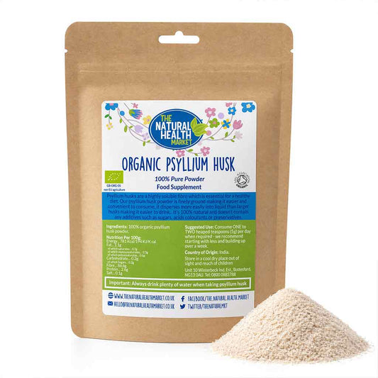 Kraft paper packaging of Organic Psyllium Husk with a visible label on a white background