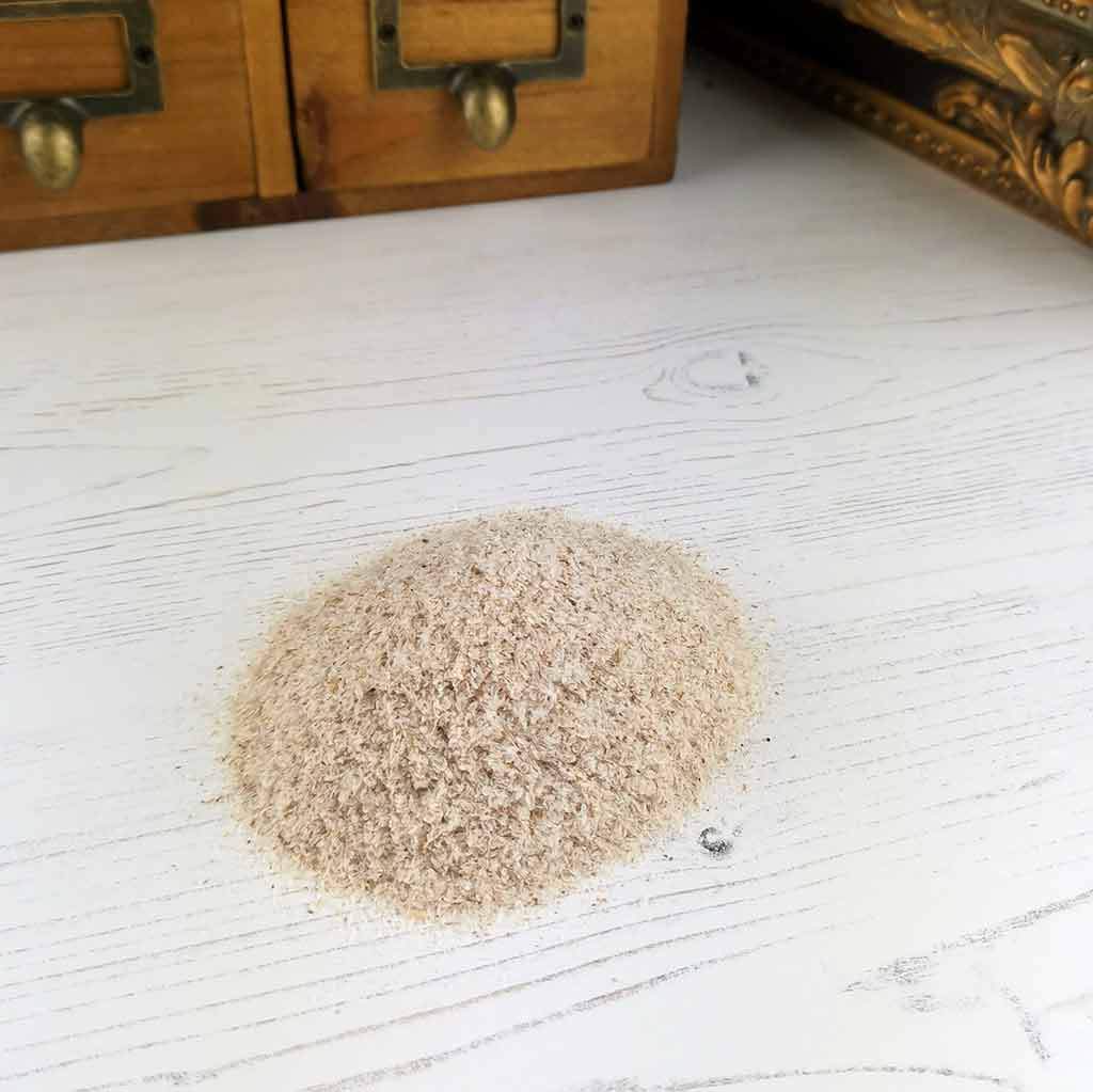 Close-up of organic psyllium husk powder texture.