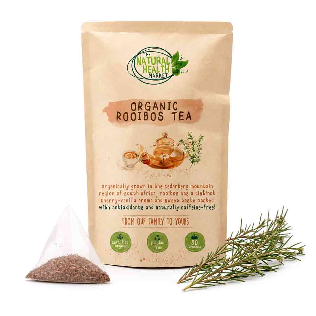 Organic Rooibos Tea Bag pouch with a pyramid tea and whole rooibos stems.