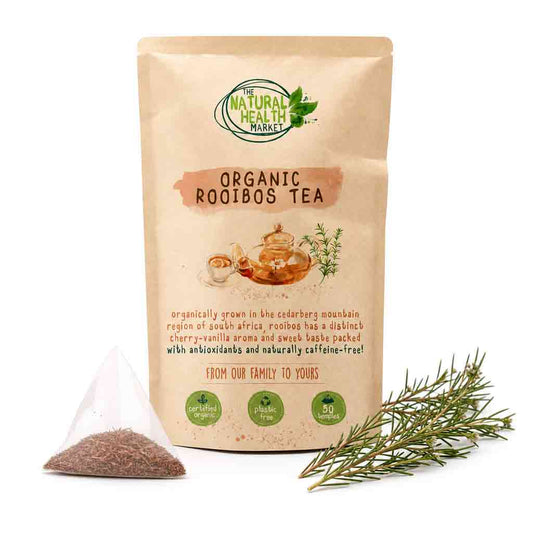 Organic Rooibos Tea Bag pouch with a pyramid tea and whole rooibos stems.