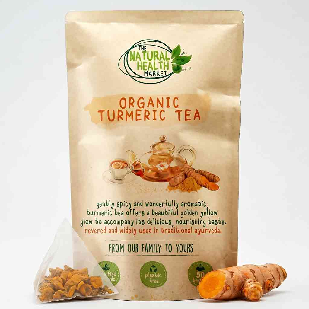 Bag of Organic Turmeric Tea from The Natural Health Market on a white background
