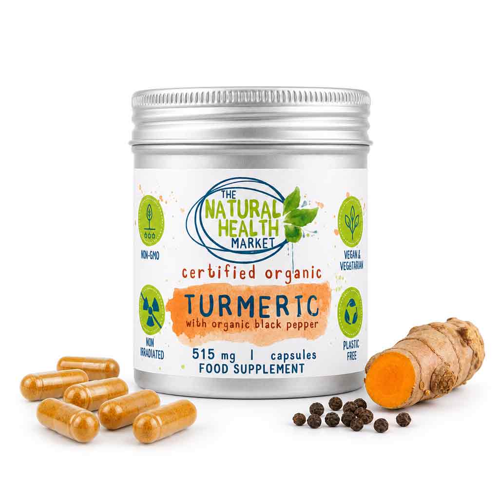 Aluminium supplement tin by 'The Natural Health Market' with turmeric capsules and black pepper on a white background
