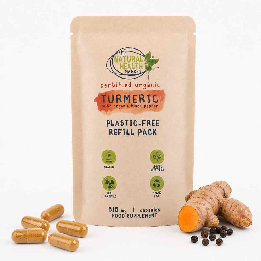 Paper supplement pouch by 'The Natural Health Market' with turmeric capsules and black pepper on a white background