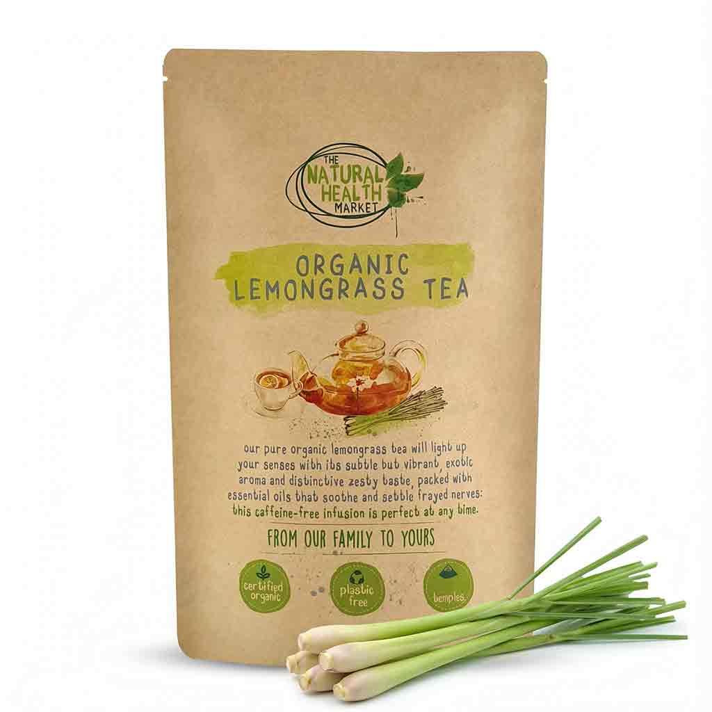 Kraft paper packaging of Organic Lemongrass Tea from The Natural Health Market with lemongrass stalks on a white background.
