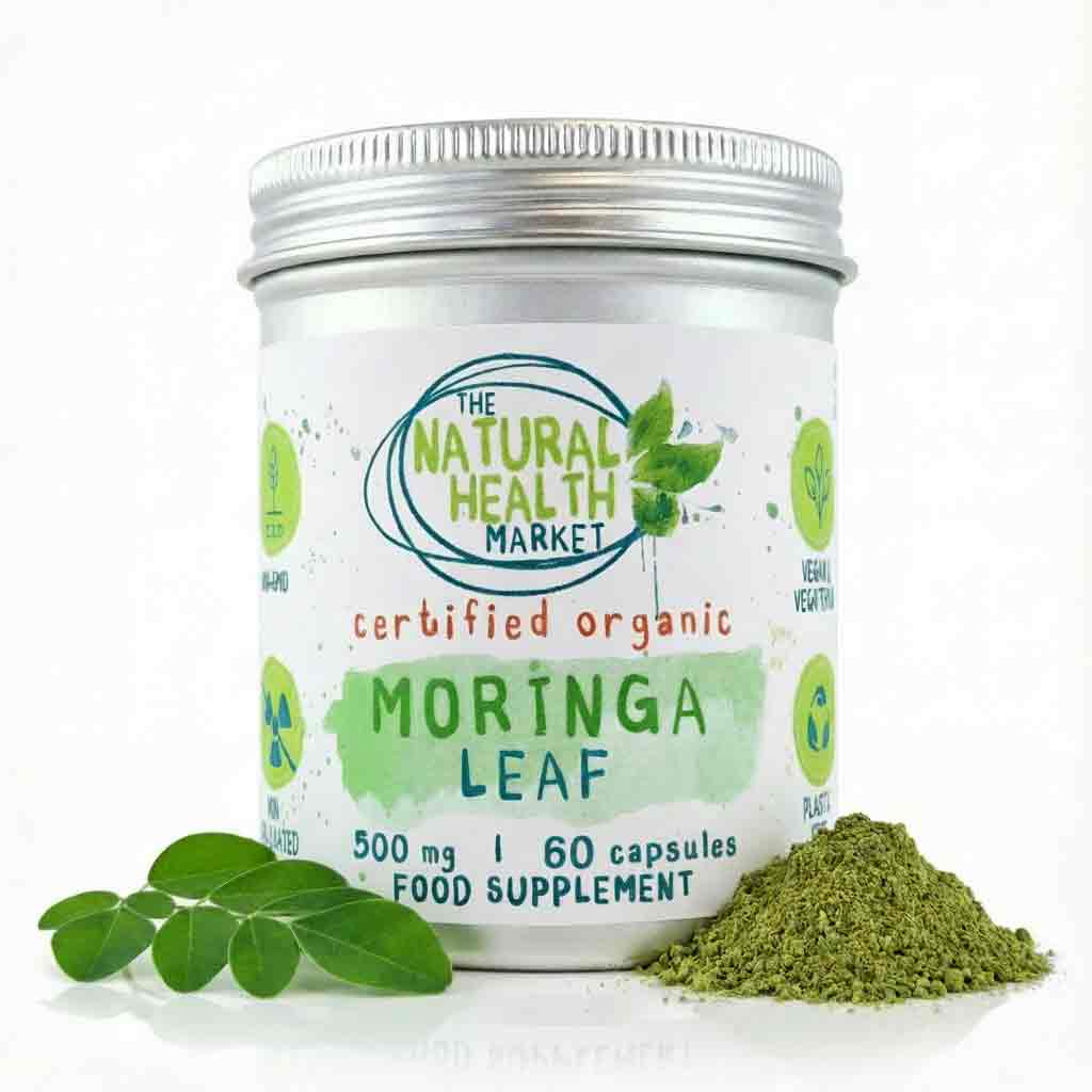 Moringa leaf supplement container with green powder on a white background by The Natural Health Market