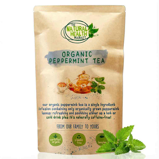 Bag of Organic Peppermint Tea with fresh peppermint leaf from The Natural Health Market on a white background