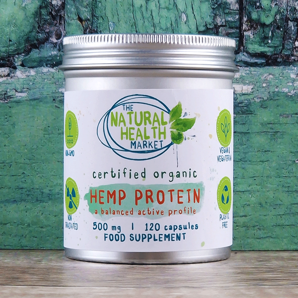 Organic Hemp Protein Capsules 500mg – Vegan, High-Protein Supplement in a Sustainable Bottle.