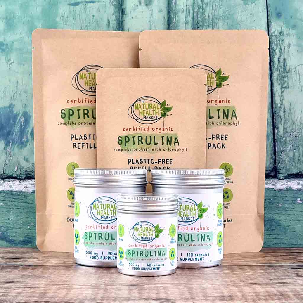 Organic Spirulina Capsules 500mg - Plastic Free Tin and Pouch by The Natural Health Market