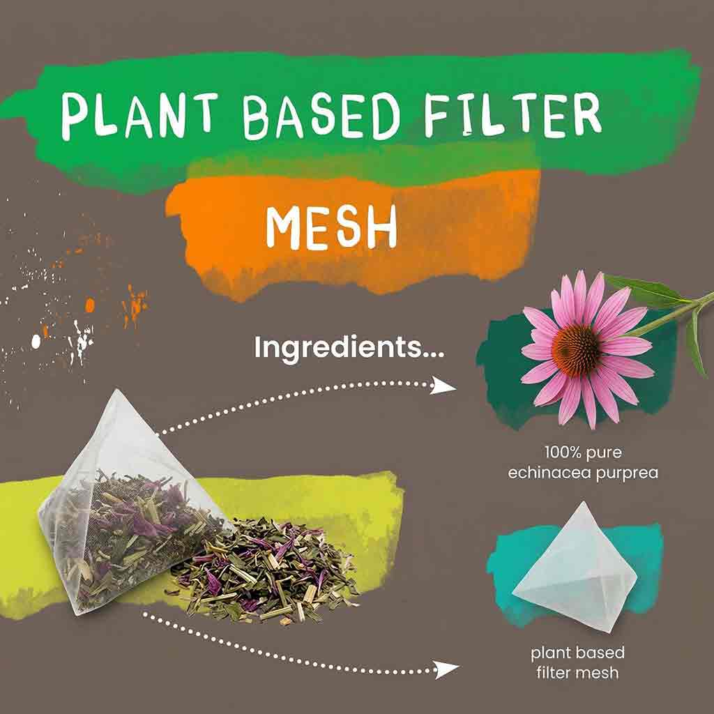 Plant-based filter mesh with echinacea purpurea and text on a brown background