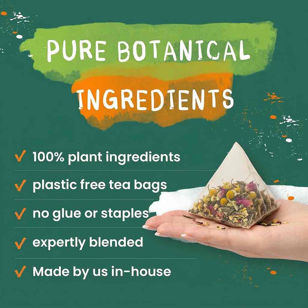 Tea bag with pure botanical ingredients on a green background with text highlighting benefits.