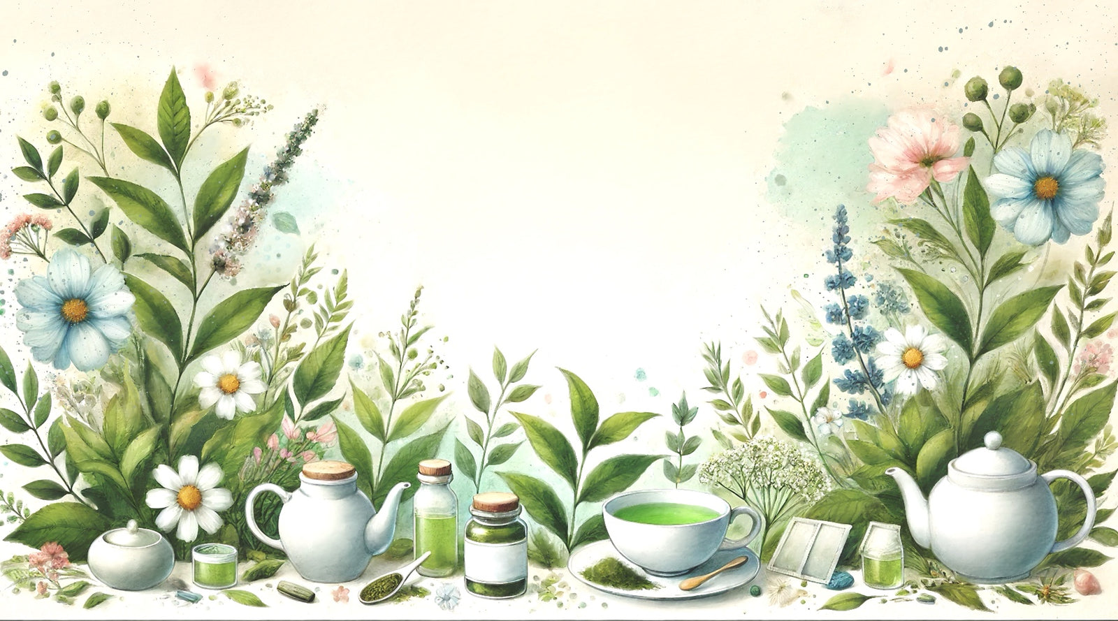 The Natural Health Market, water colour image of herbal tea making and broad leafed plants.