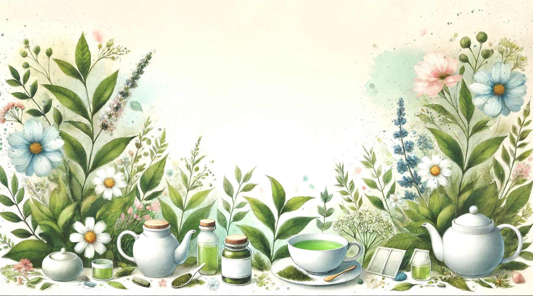The Natural Health Market, water colour image of herbal tea making and broad leafed plants.