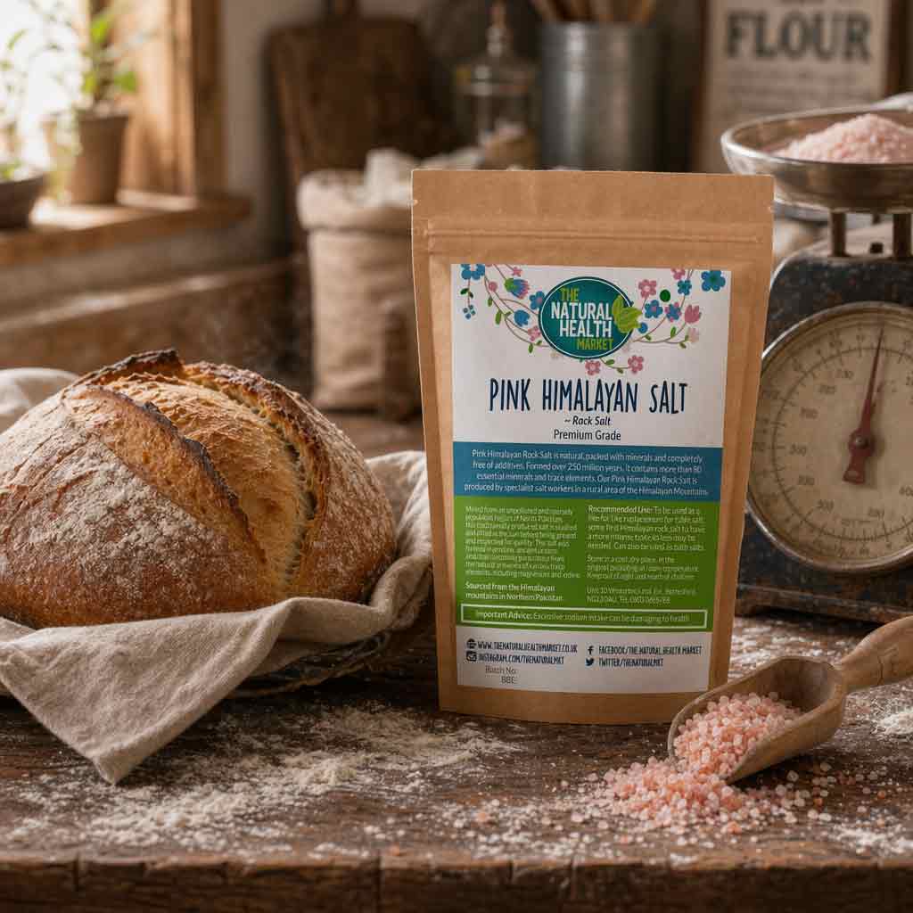 Pink Himalayan salt packaging on a wooden table with bread and a scoop of salt.