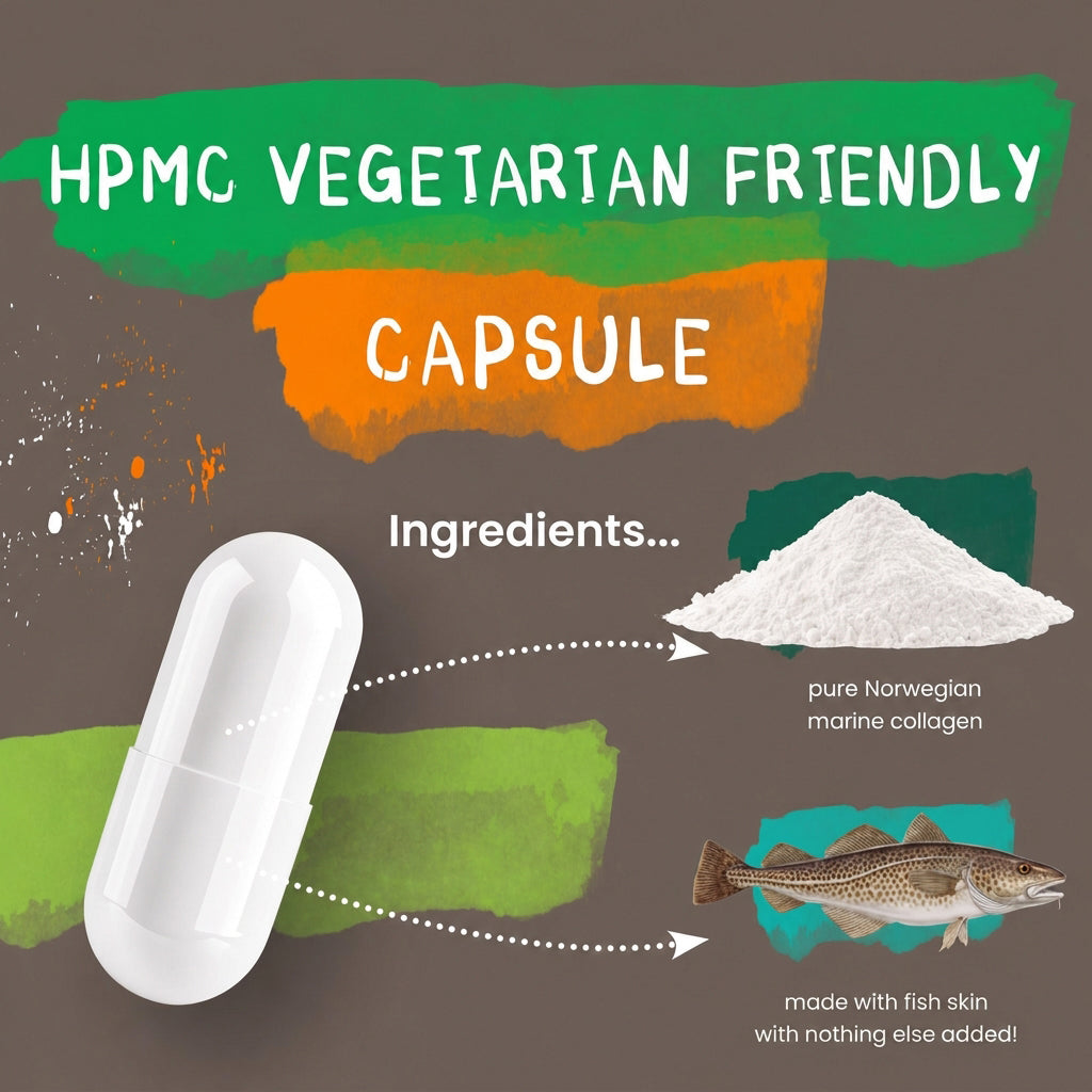An infographic-style product graphic for an HPMC vegetarian-friendly capsule. A white capsule is shown on the left, with arrows pointing to ingredient illustrations: a pile of white powder labeled pure Norwegian marine collagen and a fish labeled made with fish skin with nothing else added! The background is a warm taupe-brown with green and orange paint strokes and white text.