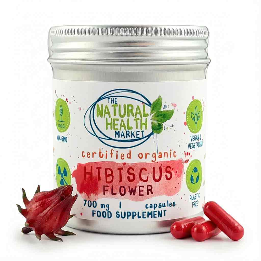 Organic Hibiscus Capsules on a white background with fresh hibiscus bud and three capsules infront of the tin.