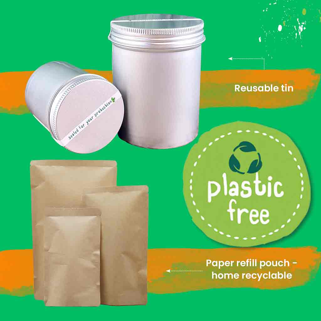 Reusable tin and paper refill pouches with a green background and 'plastic free' label.