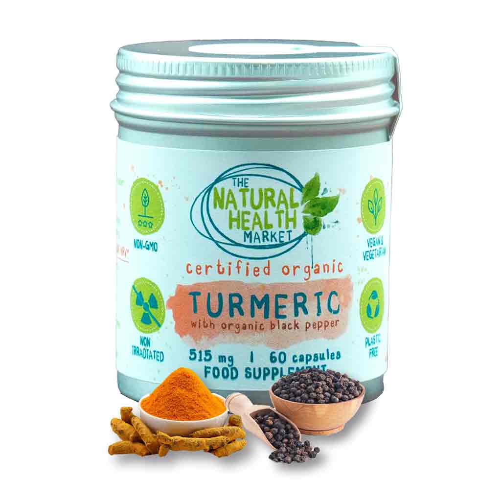 Tin of certified organic turmeric with black pepper from The Natural Health Market on a white background.