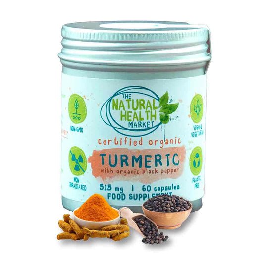 Tin of certified organic turmeric with black pepper from The Natural Health Market on a white background.